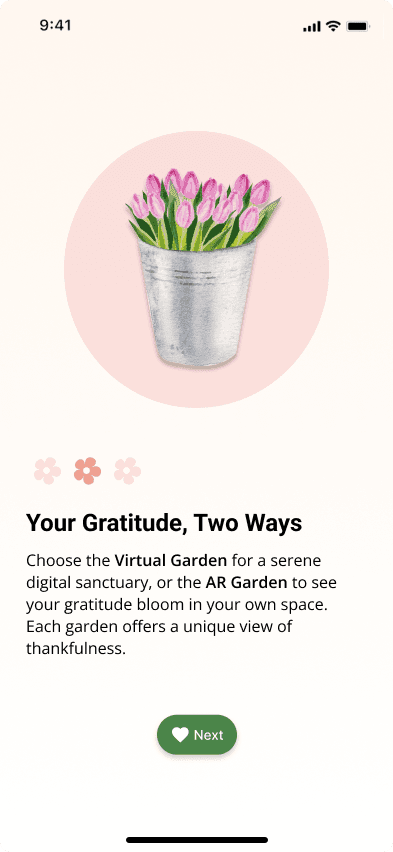 Bloom screen explaining the two ways gratitude lives: AR and the garden