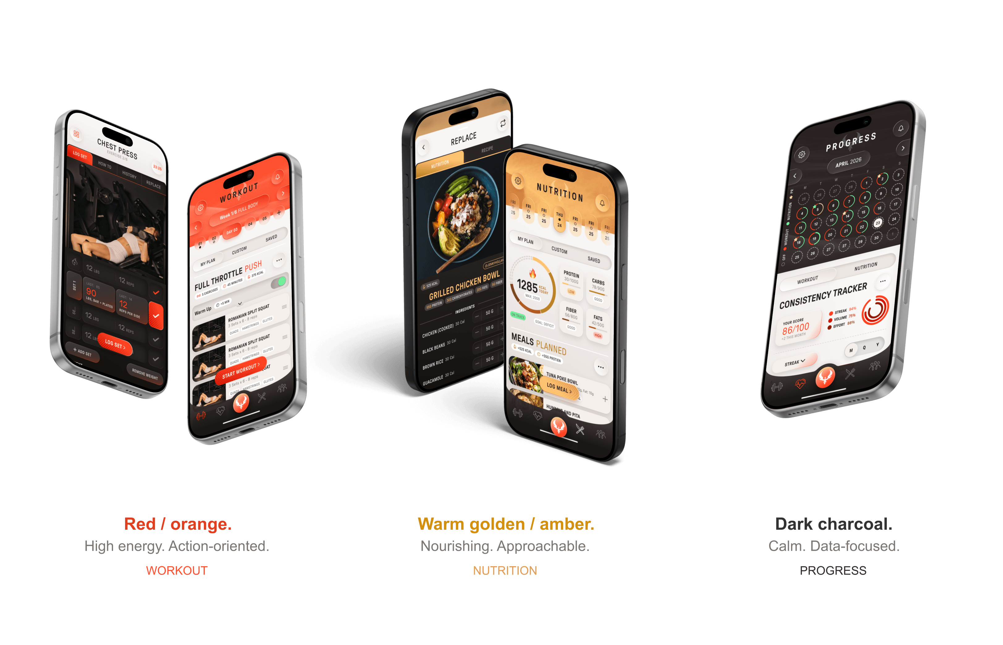 Redesigned sections: Workout red and orange, Nutrition warm gold, Progress dark charcoal