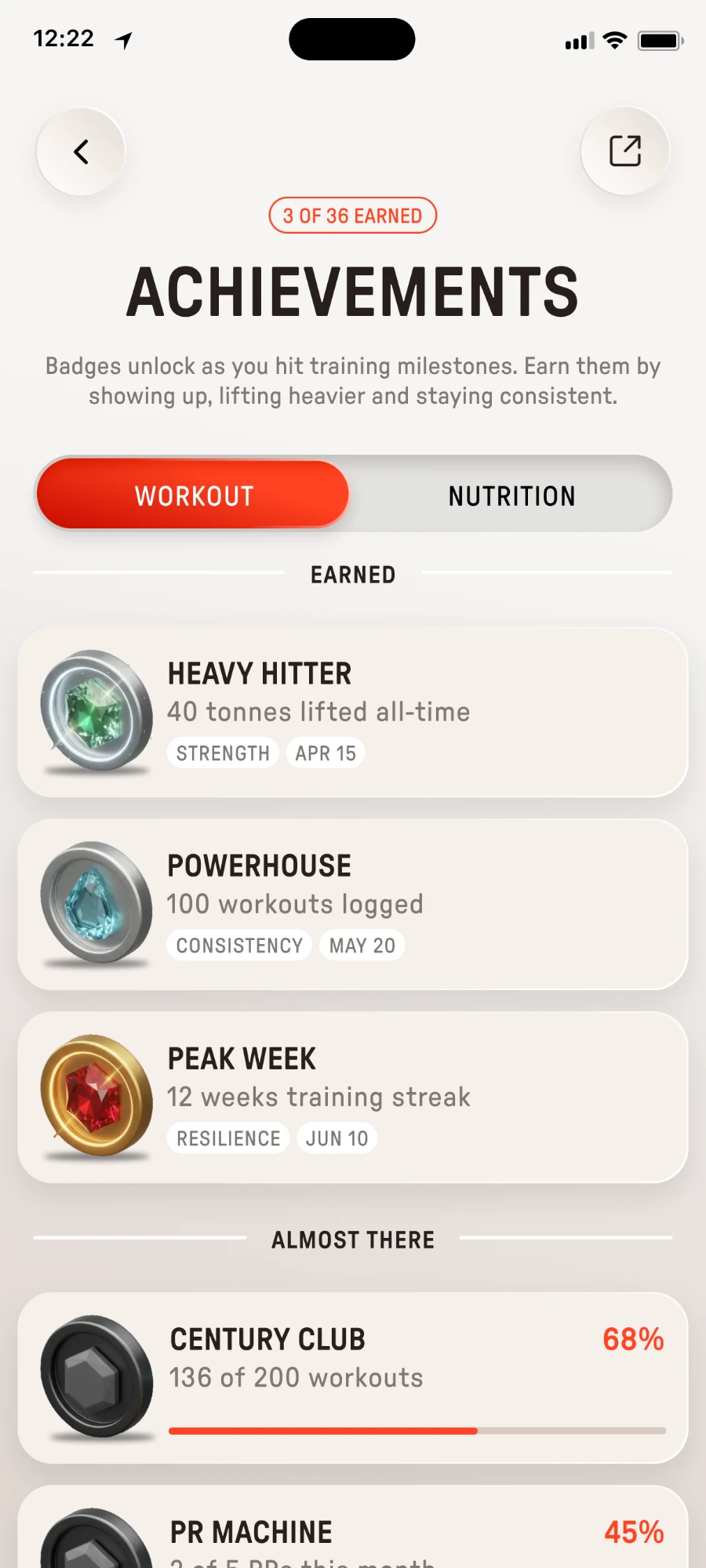 Achievements screen: 3 of 36 earned, with Heavy Hitter, Powerhouse and Peak Week badges, then Century Club at 68% under Almost there