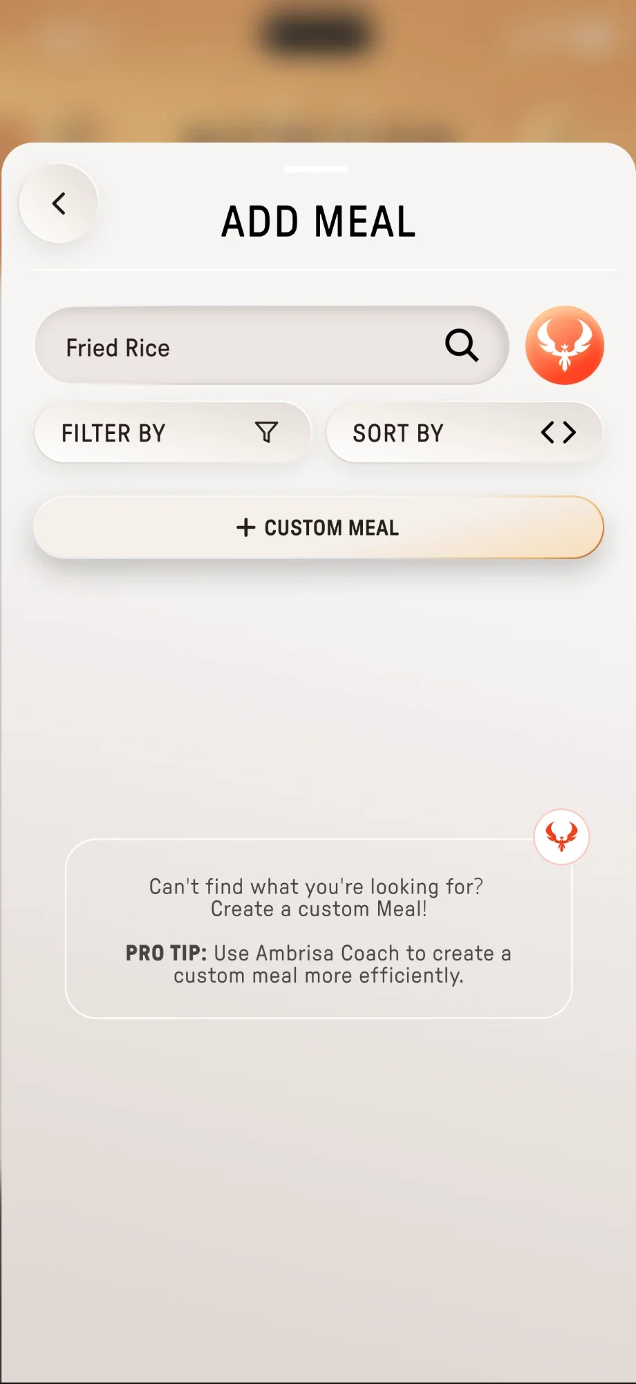 Add Meal search for Fried Rice with no results and a card suggesting a custom meal or the Ambrisa Coach