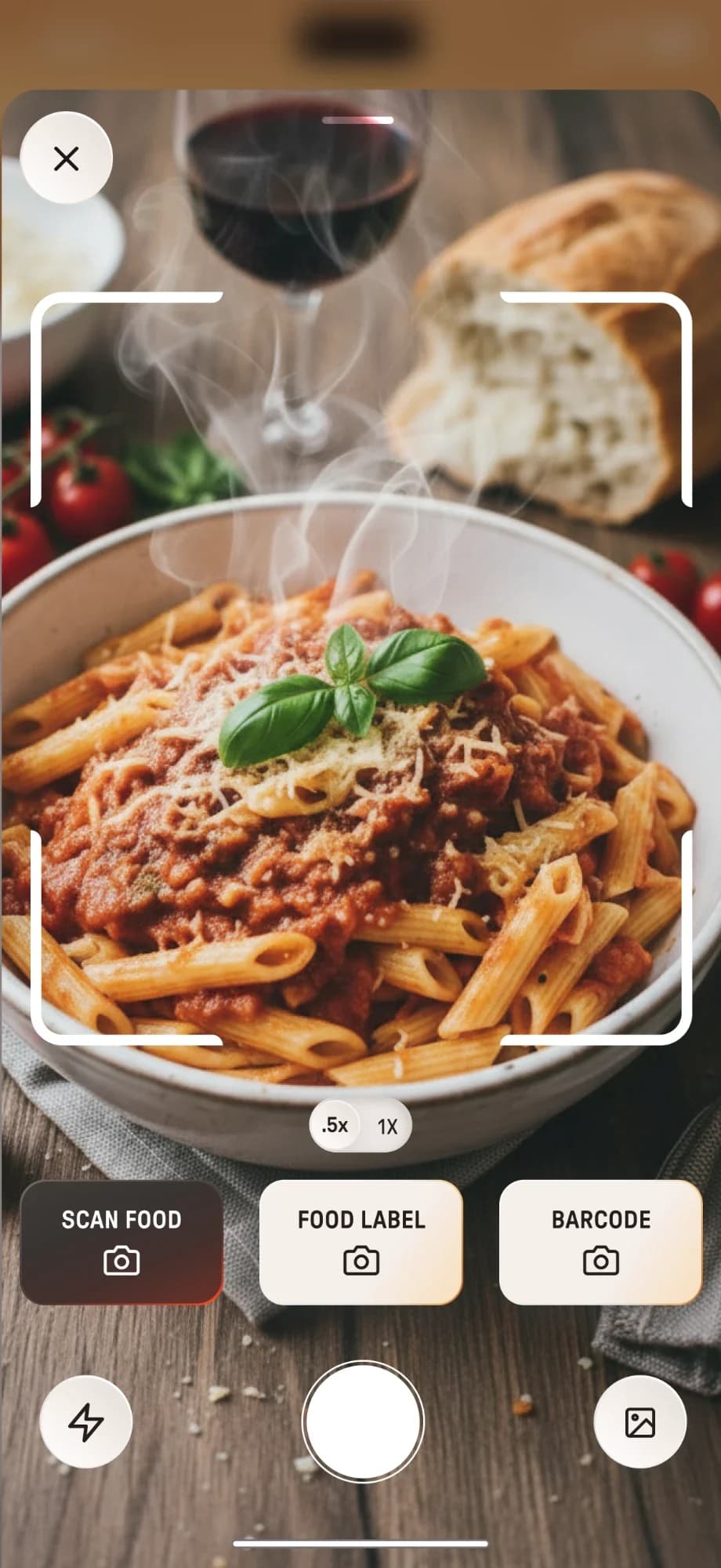 Camera screen over a plate of pasta with Scan food, Food label and Barcode modes