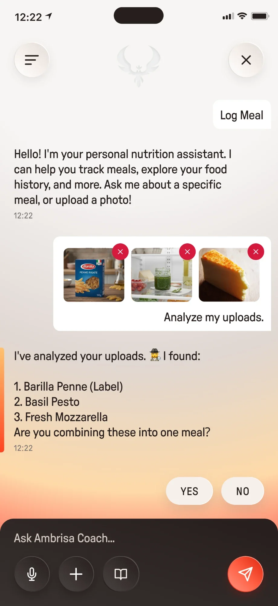 The AI Coach lists three ingredients it found in the photos and asks whether they are one meal, with Yes and No buttons