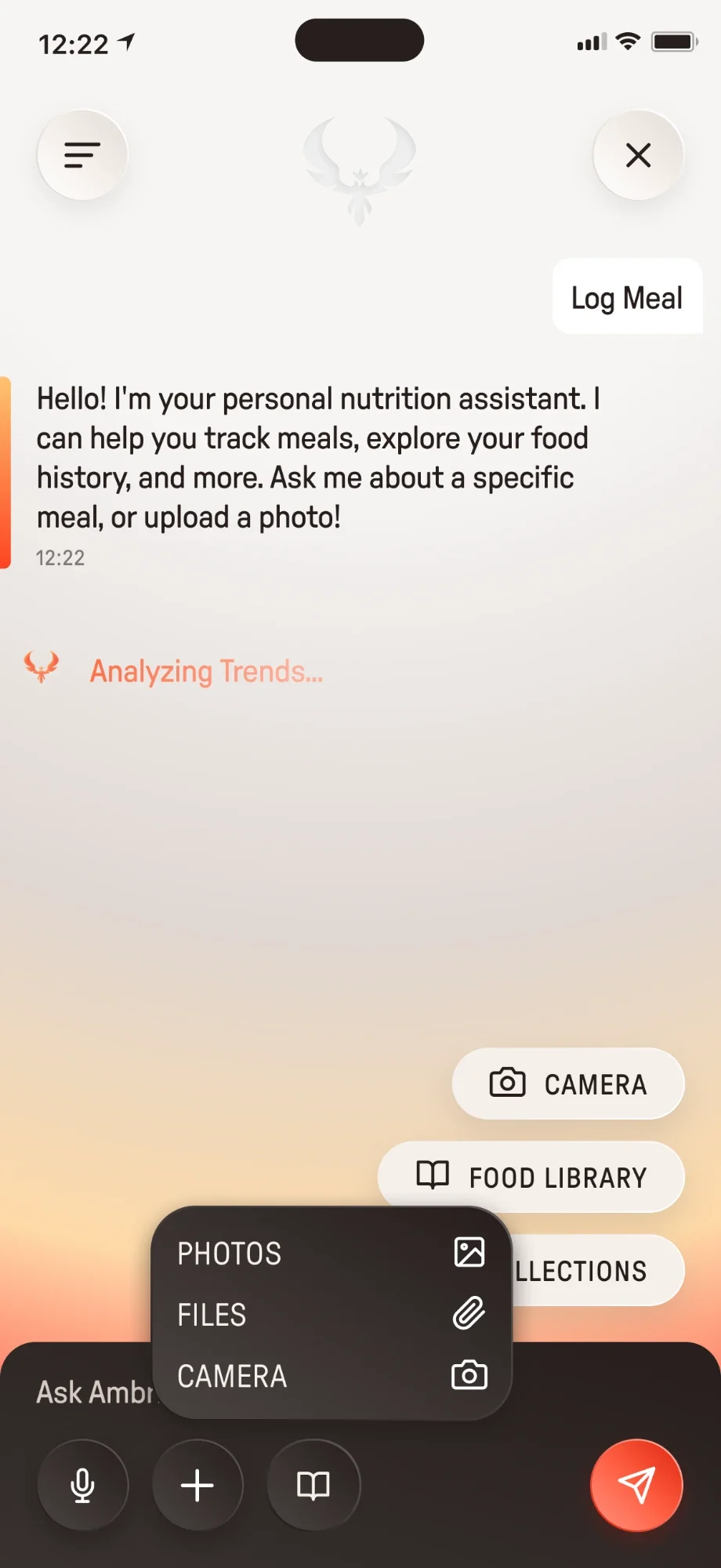 AI Coach chat with the attach menu open: Photos, Files, Camera