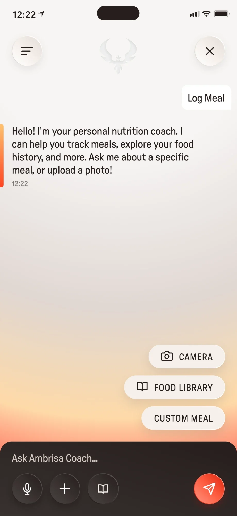 Ambrisa AI Coach chat: the coach says hello and offers Camera, Food Library and Custom Meal shortcuts