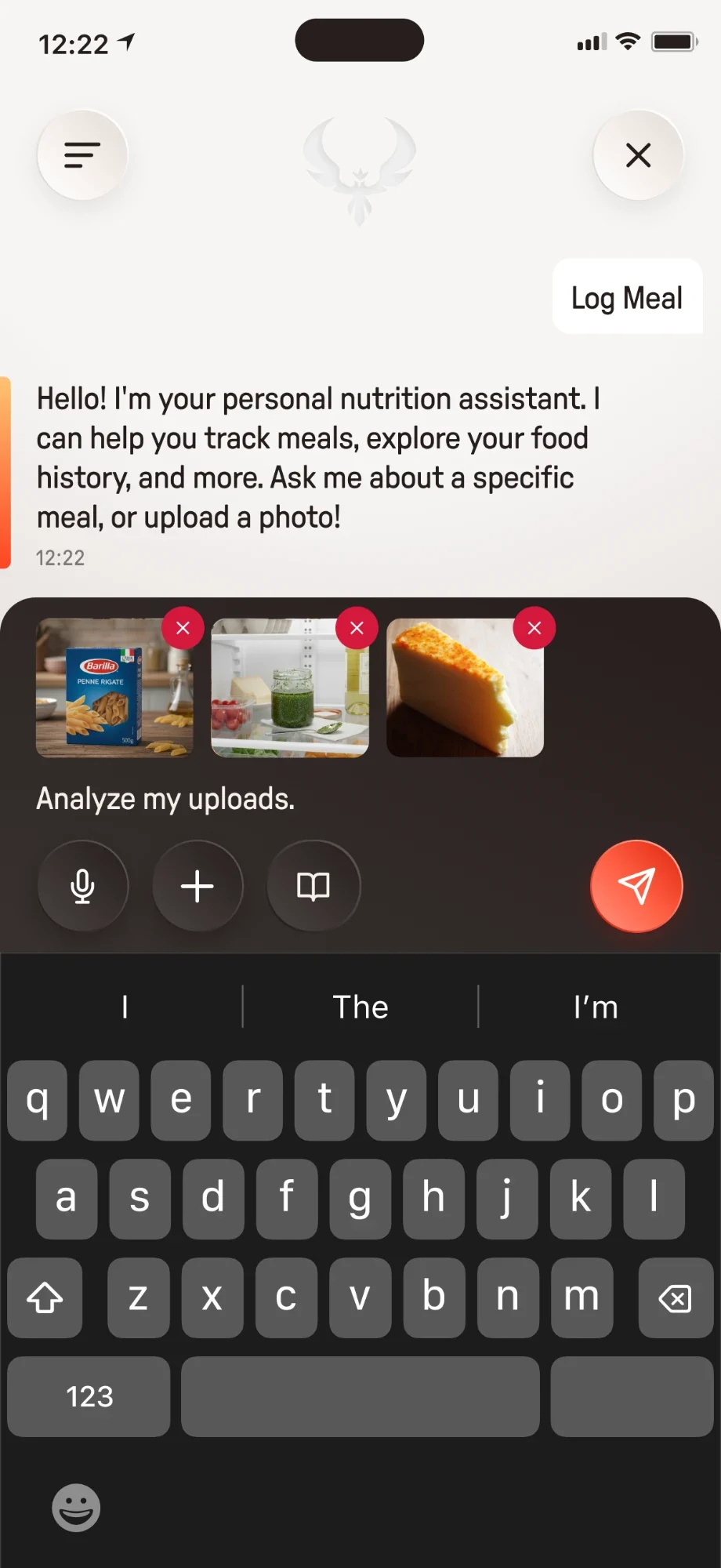 AI Coach chat with three food photos attached and the message Analyze my uploads