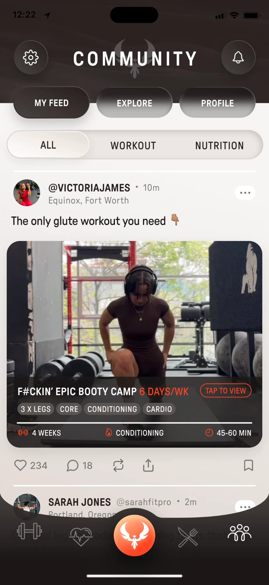 Community My Feed: a post sharing a workout plan card with weeks, conditioning and 45 to 60 minutes, plus like, comment, repost, share and save