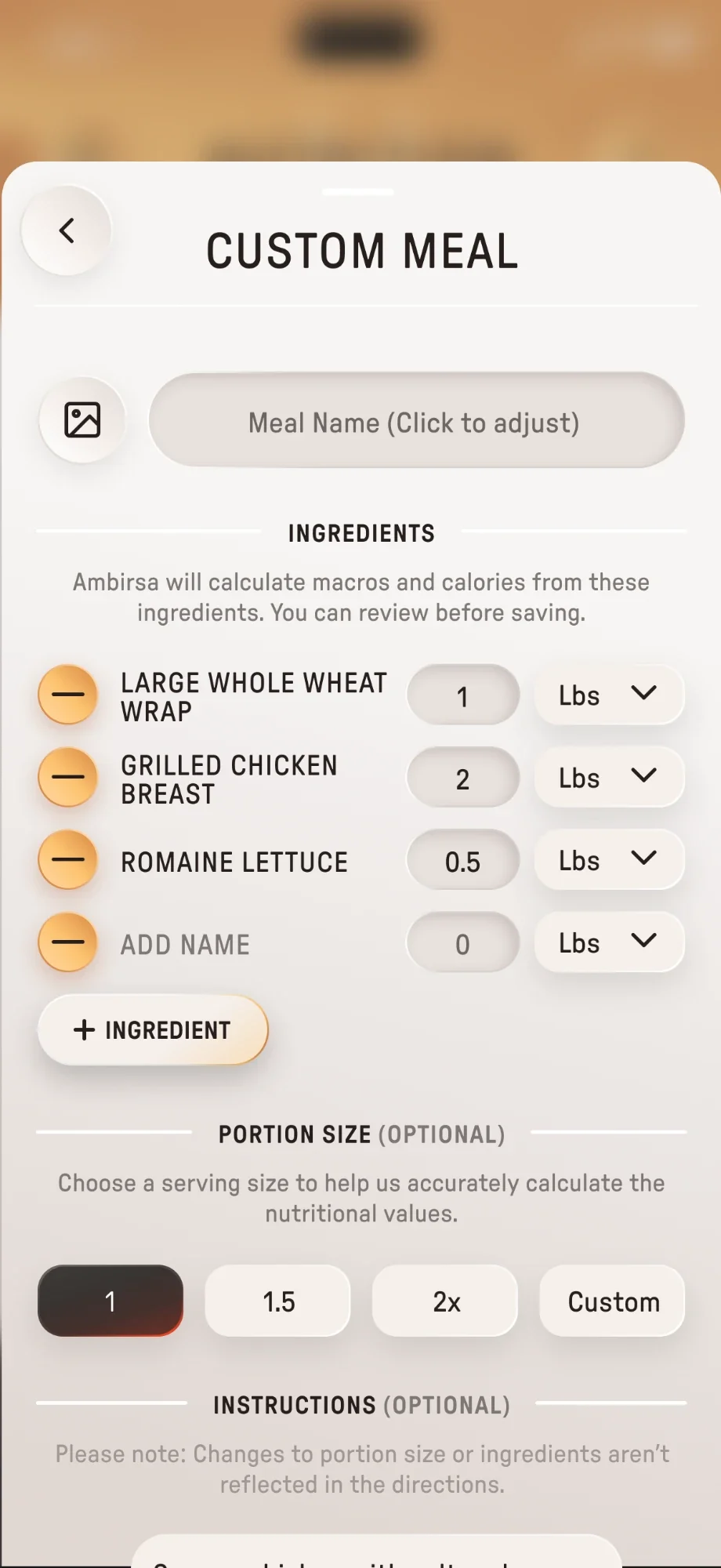 Custom Meal screen with ingredients, amounts and units, and a note that macros are calculated and can be reviewed before saving