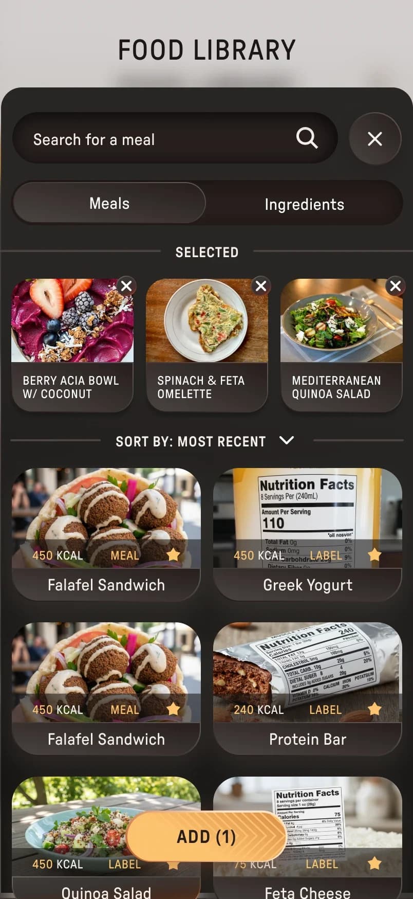 Food Library with selected meals collected at the top and an Add button