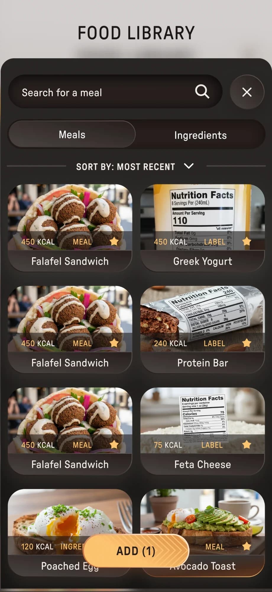 Food Library grid of photographed meals, each card showing calories
