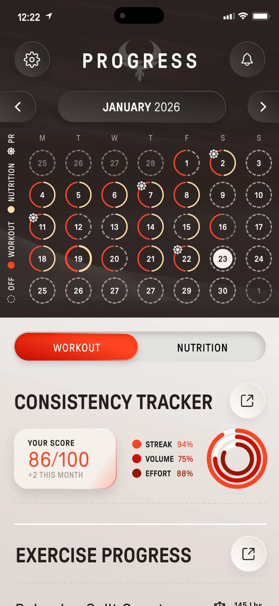 Ambrisa Progress screen: a January calendar of workout and nutrition rings above a Consistency Tracker score of 86 out of 100 made of streak, volume and effort