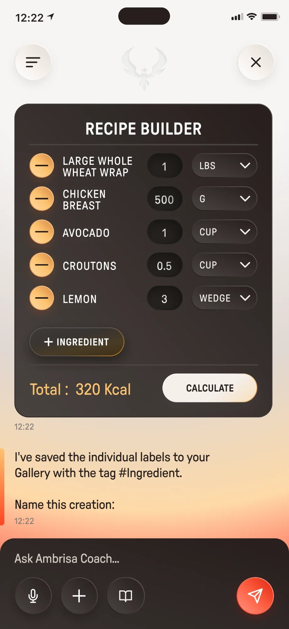 Recipe Builder card with ingredients, amounts and units, an Add ingredient button and a Calculate button