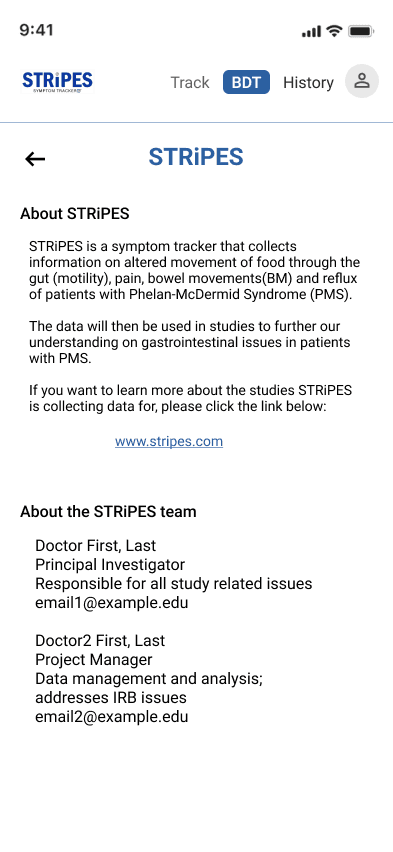 About STRiPES: what the app collects and why, and the STRiPES team with their roles and emails