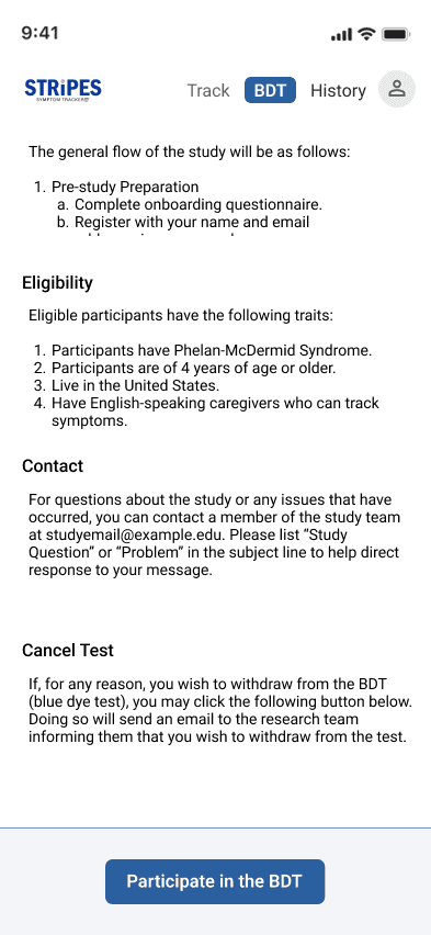 The bottom of the Blue Dye Test page: eligibility, contact, how to cancel the test, and a Participate in the BDT button
