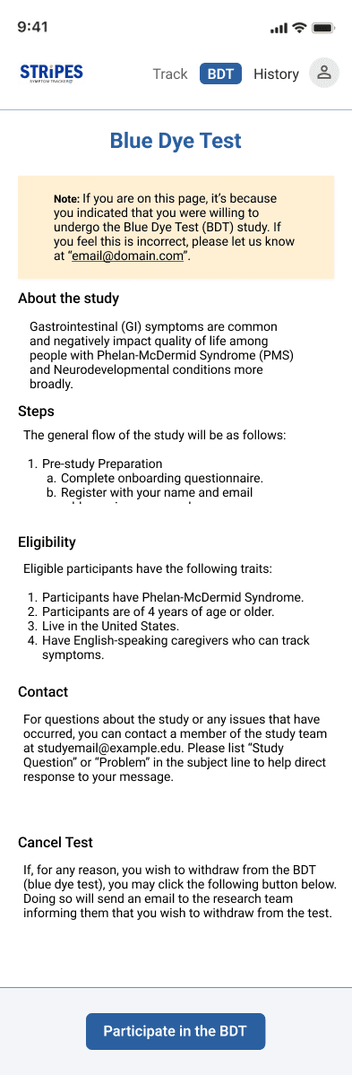 Blue Dye Test page with a note, study summary, steps, eligibility, contact, cancel test and a Participate button