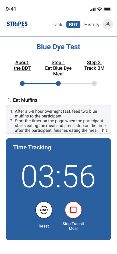 The timer running with Stop Transit Meal and Reset
