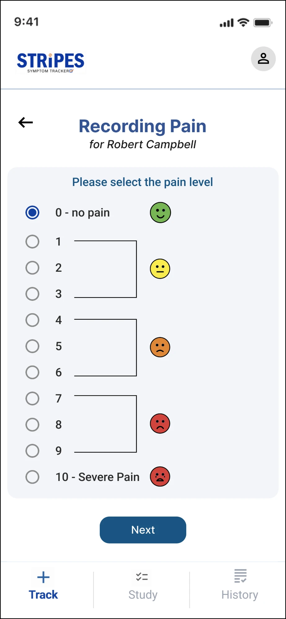 Recording Pain as a list of radio buttons from 0 no pain to 10 severe pain, grouped by faces