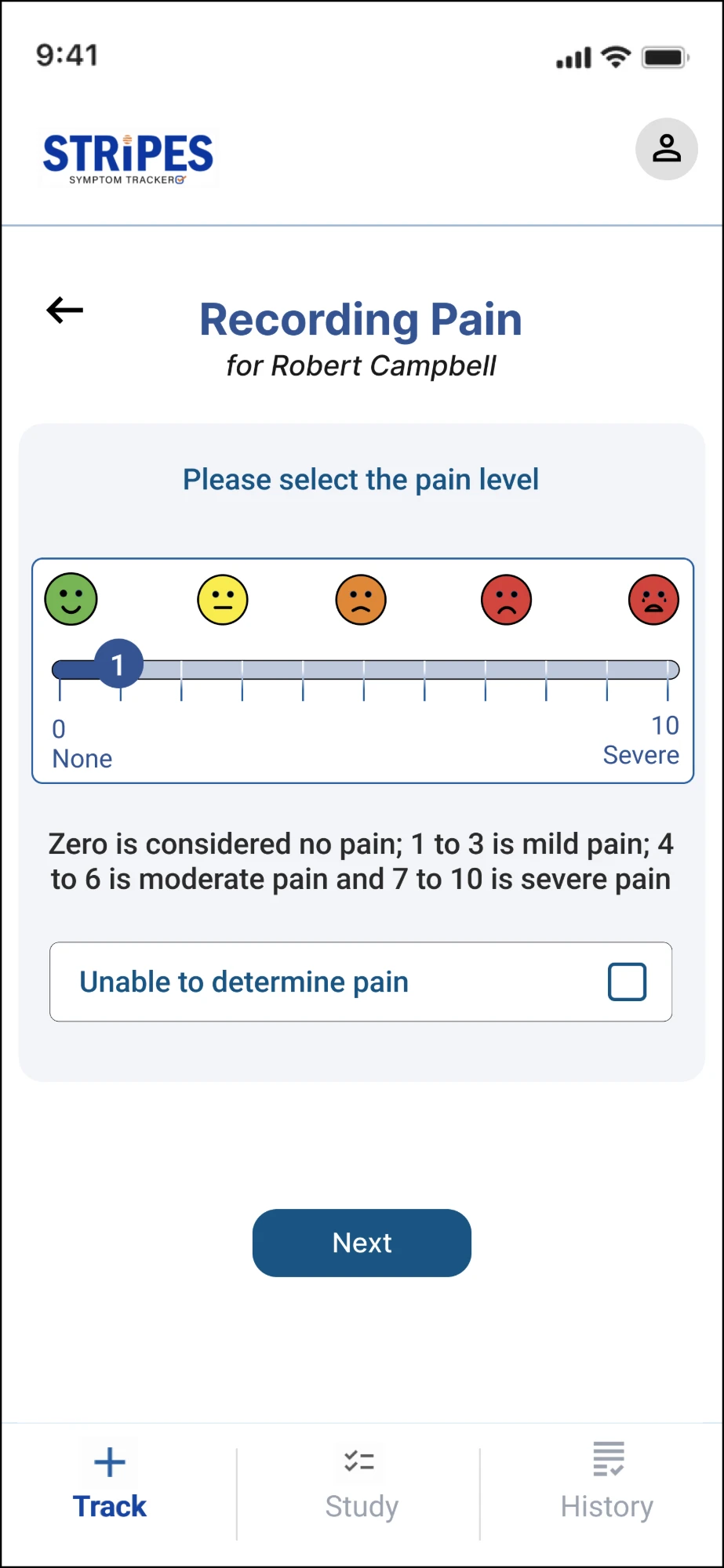 Recording Pain for Robert Campbell: an emoji slider from 0 none to 10 severe, the scale explained, and an Unable to determine pain checkbox